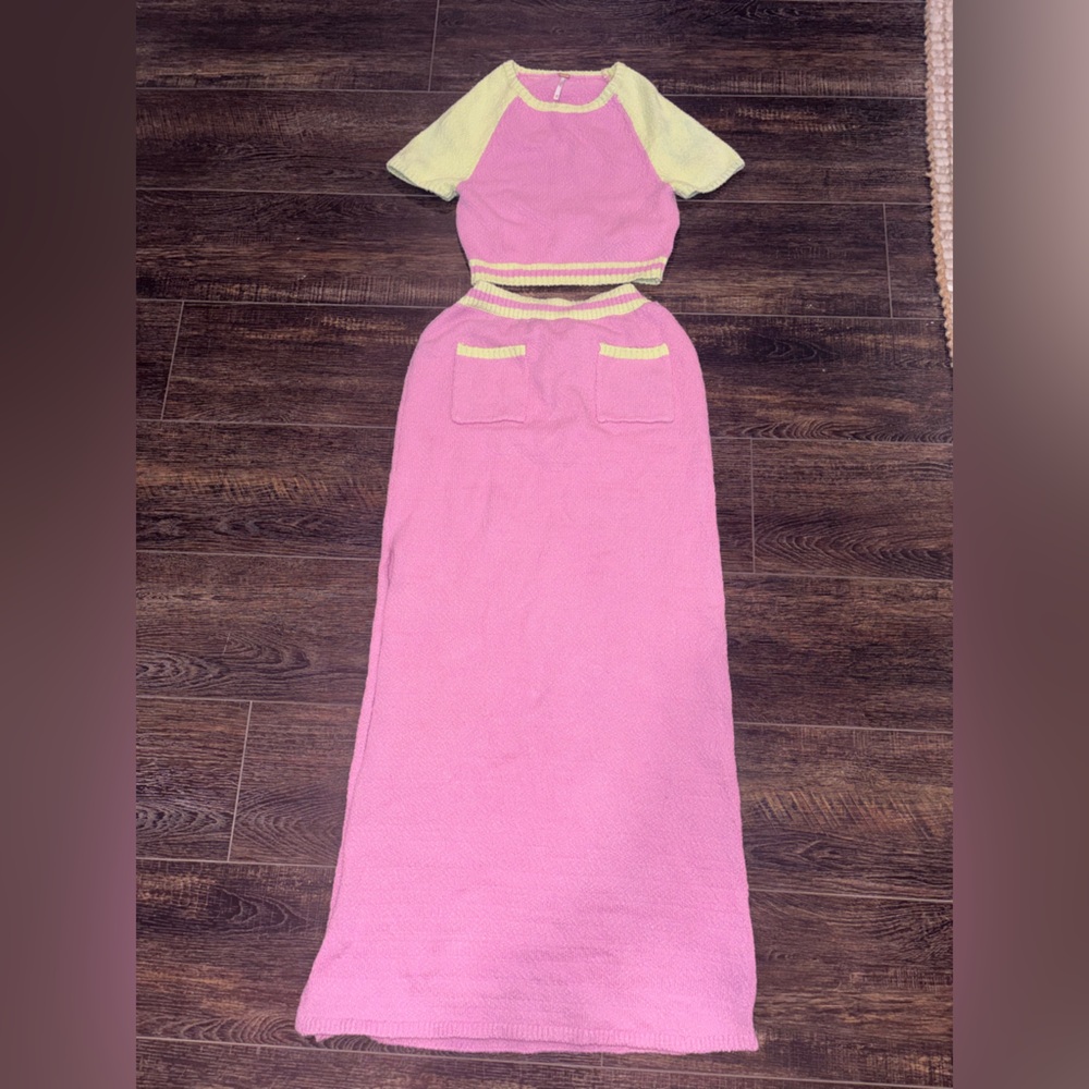 Free People Ty Cropped Sweater & High Waist Maxi Skirt Color Block Set READ